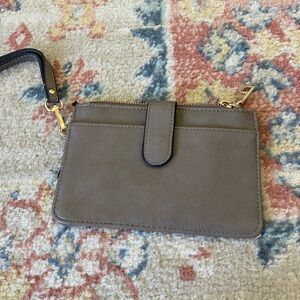 Tan Leather Clutch with Flap Closure and Wristlet